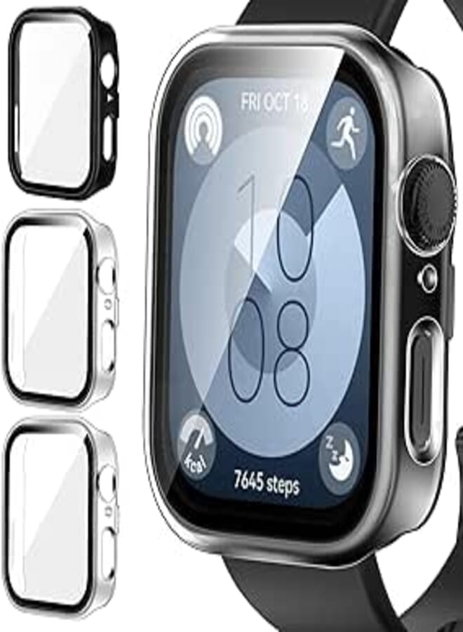 ivoler Pack of 3 Hard PC Case with Glass Screen Protector for Huawei Watch Fit 3, Full Coverage Protective Case, Ultra Thin Scratch-Resistant Protective Case, 2 Transparent + 1 Black